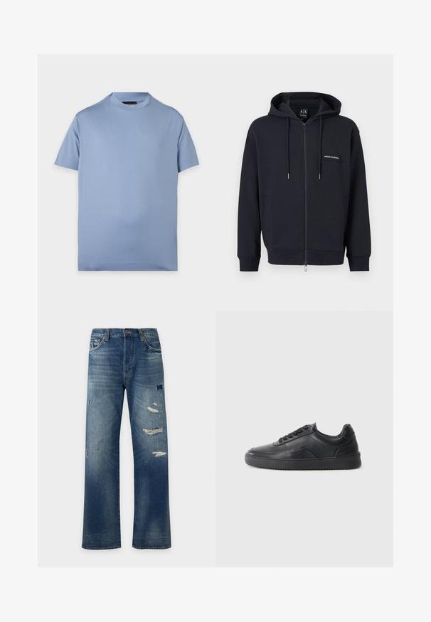 Sweat à capuche zippé noir avec cordons de serrage, poches avant et petite écusson logo "Armani Exchange" sur la poitrine gauche.; T-shirt uni bleu clair à manches courtes et col rond avec un petit logo discret sur la partie gauche de la poitrine sur fond blanc.; Jean en denim bleu coupe droite avec des zones délavées et plusieurs patches usés sur l'avant des cuisses et des genoux.; Chaussure de sport en cuir noir avec une finition lisse, bout arrondi, panneau latéral texturé et lacets noirs. Présente une semelle en caoutchouc plate et un design minimaliste.