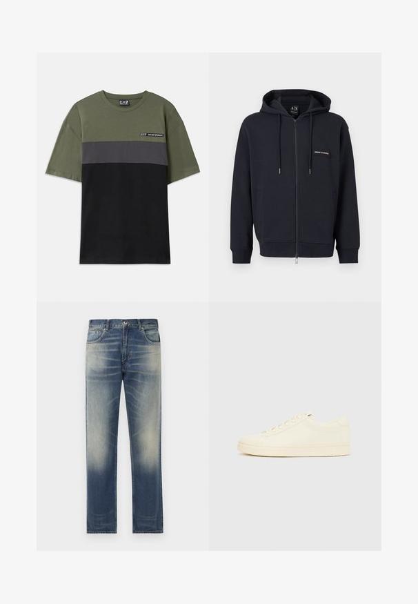 Must musta lukuga kapuutsiga pusa, millel on nöörid, esimesed taskud ja väike „Armani Exchange“ logoga märk vasakul rinnal.; Roheline lühikeste varrukatega T-särk, millel on hallid ja mustad horisontaalsed triibud, ümmargune kaelus ning väike EA7 logo vasakul rinnal.; Sinised teksad otse lõikega, millel on ees peened kulumis- ja narmaste detailid, viie taskuga disain ja vöörihmade kohad.; Kreemitonides spordijalats sileda nahkpealsega, ümarate varvastega, ees paelusega ja tekstuuriga kummist talla. Minimalistlik disain, ilma logodeta.