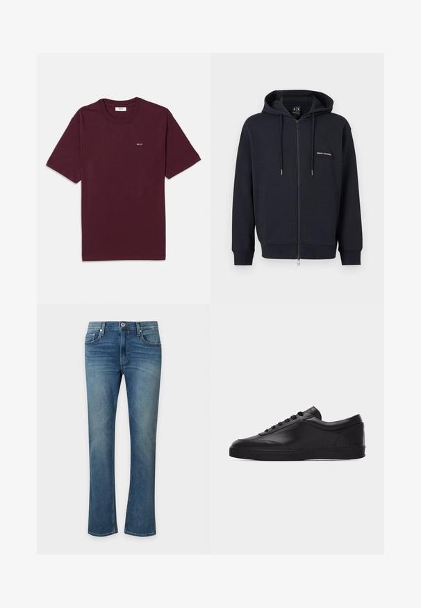 Sweat à capuche zippé noir avec cordons de serrage, poches avant et petite écusson logo "Armani Exchange" sur la poitrine gauche.; T-shirt en coton bordeaux avec col rond, manches courtes et un petit logo blanc "NN. 07" sur la poitrine. Texture lisse, coupe standard.; Jean en denim bleu avec une légère patte d'éléphant, fermeture avant par bouton et fermeture éclair, et poches avant et arrière.; Baskets basses en cuir noir avec lacets sur le devant et semelle en caoutchouc plate, vues de côté sur un fond blanc uni.