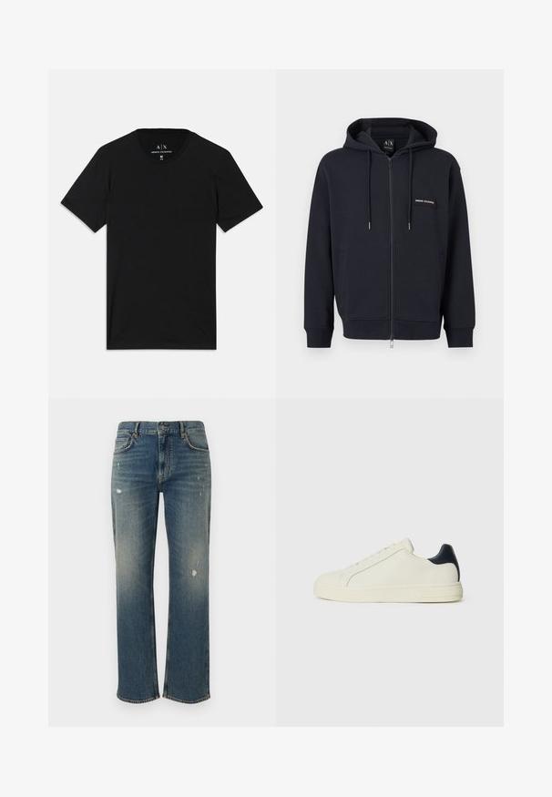 Must musta lukuga kapuutsiga pusa, millel on nöörid, esimesed taskud ja väike „Armani Exchange“ logoga märk vasakul rinnal.; Mustmust t-särk, mis on valmistatud puuvillast, lühikeste varrukatega, ümmarguse kaelusega ja sildiga, kus on brändi logo kaela sees.; Keskmise sinise värvusega teksapüksid otsekäärimisega, millel on kerged fassaadid ja kulunud laigud. Klassikaline viie tasku disain ja pealmine nupu sulgemine.; Valge nahkne tenniseking sinise nahka aktsendiga kandadel, ümmargune varvas, lame kummist tald ja kuue silmaga nööridega esiosa.