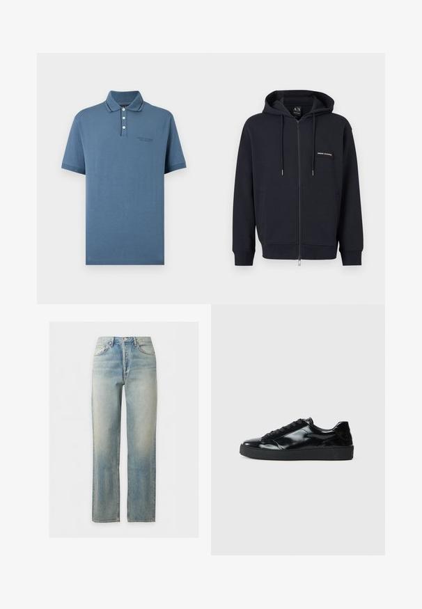 Sweat à capuche zippé noir avec cordons de serrage, poches avant et petite écusson logo "Armani Exchange" sur la poitrine gauche.; Polo bleu à manches courtes avec trois boutons blancs et logo brodé discret sur la poitrine, présenté sur un fond neutre.; Jean en denim délavé bleu clair avec coupe droite, fermeture à boutons et zip sur le devant, et design cinq poches.; Baskets en cuir verni noir avec un bout arrondi, un laçage, une semelle en caoutchouc texturé et une finition lisse.