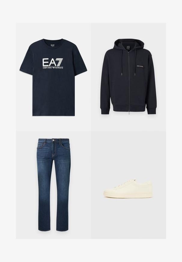Čierna mikina s kapucňou na zips, s nastaviteľnými šnúrkami, prednými vreckami a malou nášivkou s logom "Armani Exchange" na ľavej strane hrude.; Modrá bavlnená tričko s krátkymi rukávmi a okrúhlym výstrihom. Na prednej strane sa nachádza výrazné biele logo EA7 Emporio Armani.; Tmavomodré riflové nohavice s rovnými nohavicami, dizajnom s piatimi vreckami a zapínaním na predné gombíky, s jemným vyblednutím na stehnách.; Sneaker krémovej farby s hladkým koženým zvrškom, zaoblenou špičkou, šnurovačkou vpredu a textúrovanou gumovou podrážkou. Minimalistický dizajn, bez loga.