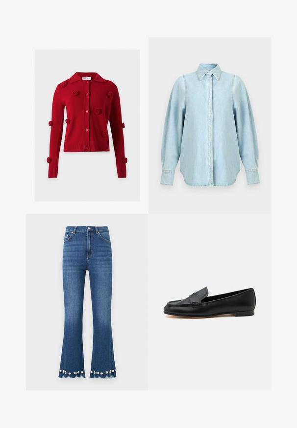 Cardigan rouge boutonné avec manches longues, orné d’embellissements en tissu texturé de forme circulaire dispersés sur le devant et les manches.; Chemise en denim bleu clair avec manches longues bouffantes, col pointu, poignets boutonnés et patte de boutonnage cachée à l'avant.; Jean en denim bleu moyen avec jambes évasées, ourlets effilochés et ornements décoratifs de perles et de fleurs le long des bords inférieurs.; Mocassin en cuir noir avec un petit talon, des détails cousus et un petit accent métallique sur la tige supérieure.
