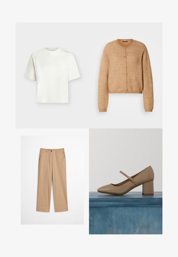 Cardigan en tricot beige avec un col rond, six boutons sur le devant et des manches longues. Texture douce avec une coupe légèrement courte.; T-shirt blanc uni à manches courtes, col rond et coupe ample et carrée sur un fond gris clair.; Pantalon beige en coton avec jambes droites, fermeture à bouton sur le devant et texture lisse. Comprend des passants de ceinture standard et un design à l'avant plat.; Escarpin en cuir beige à talon bloc avec bout arrondi et une bride décorative avec une boucle dorée. Texture lisse, design minimaliste.