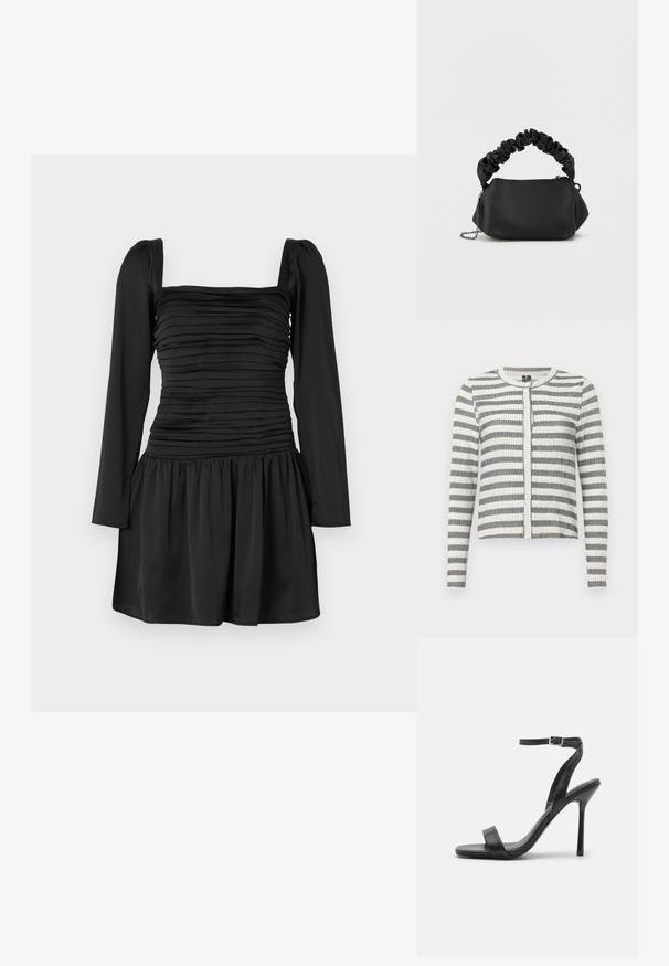 Gestreifter Cardigan in Schwarz und Weiß, mit geripptem Material, rundem Halsausschnitt und Knopfverschluss vorne. Kürzeres Design.; Schwarzes Kleid mit langen Ärmeln, quadratischem Ausschnitt und gerafftem Oberteil. Ausgestellter Rock mit gerafftem Stoff an der Taille. Glatte Textur.; Schwarze High-Heels-Sandalen mit schlankem Knöchelriemen und zwei vorderen Riemen. Aus glattem Leder gefertigt, mit einer eleganten spitzen Zehenform und einem Stiletto-Absatz.; Schwarze Handtasche mit runder Form, aus glattem Material gefertigt. Verfügt über einen weichen, gerafften Griff und einen Metallkettengurt für Vielseitigkeit.