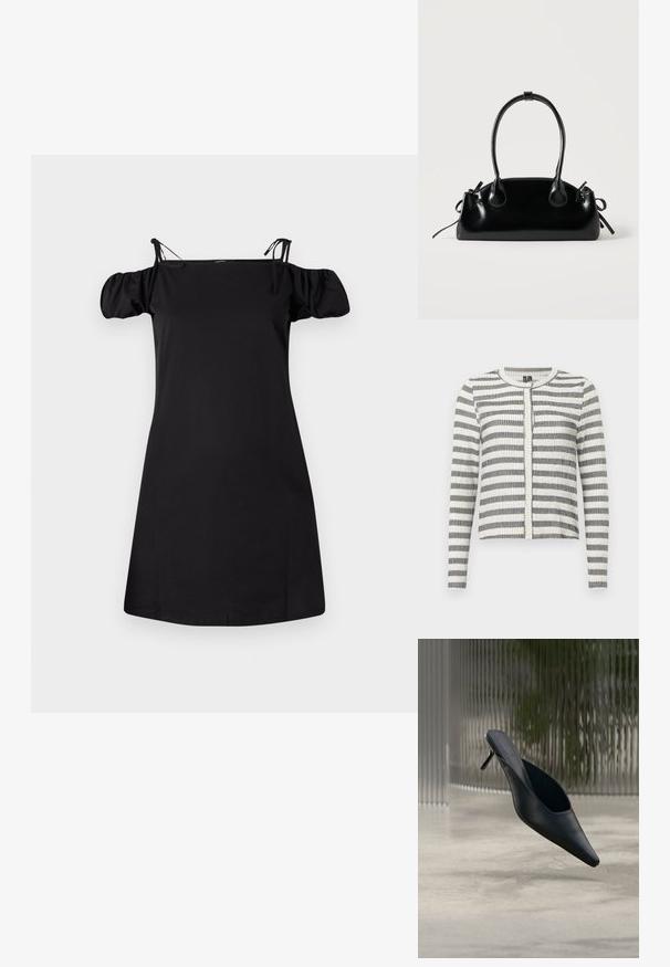 Gestreifter Cardigan in Schwarz und Weiß, mit geripptem Material, rundem Halsausschnitt und Knopfverschluss vorne. Kürzeres Design.; Schwarzes schulterfreies Kleid mit Puffärmeln, aus einem glatten Stoff gefertigt. Verfügt über verstellbare Träger und einen entspannten Schnitt mit geradem Saum.; Schwarzer spitzer Mule-Schuh mit dünnem hohen Absatz, der über einem glatten Betonboden schwebt, mit einem unscharfen vertikal gestreiften Hintergrund.; Kleine schwarze glänzende Handtasche mit zwei langen Griffen und seitlichen Kordelzug-Details vor einfachem hellem Hintergrund.