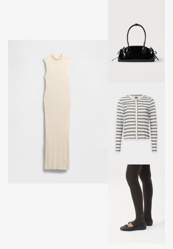 Cardigan rayé en noir et blanc, avec une texture côtelée, un col rond et une fermeture à boutons sur le devant. Design à longueur plus courte.; Robe longue sans manches de couleur crème avec un col montant imitation. Texture côtelée, coupe moulante et silhouette longue jusqu'au sol.; Jambes portant des leggings côtelés foncés associés à des ballerines noires avec de petits détails en nœud sur fond blanc.; Petit sac à main noir brillant avec deux longues anses et des détails à cordon sur les côtés sur un fond clair uni.