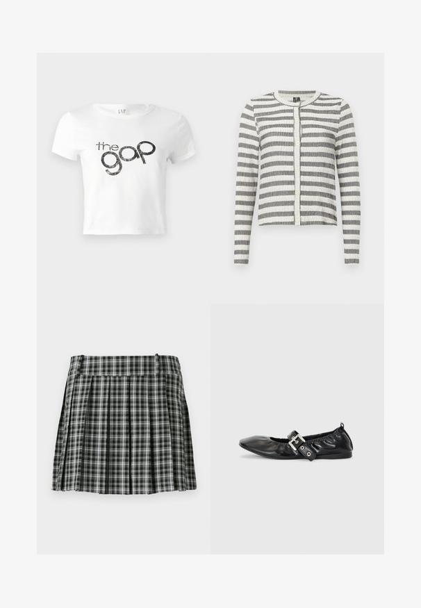 Cardigan rayé en noir et blanc, avec une texture côtelée, un col rond et une fermeture à boutons sur le devant. Design à longueur plus courte.; T-shirt court blanc en coton avec un logo graphique noir pailleté "the gap" à l'avant. Manches courtes et encolure ronde.; Jupe plissée à carreaux noir et blanc avec une taille lisse et de multiples plis verticaux. Fabriquée en tissu léger.; Chaussure plate en cuir noir avec un nez pointu, des détails froncés autour de l'ouverture et un accent en boucle argentée sur la bride ajustable.
