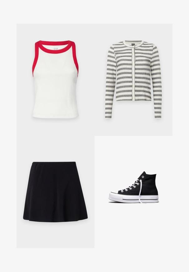 Cardigan rayé en noir et blanc, avec une texture côtelée, un col rond et une fermeture à boutons sur le devant. Design à longueur plus courte.; Débardeur blanc côtelé avec des bordures rouges au niveau du cou et des emmanchures. Présente une coupe ajustée et un ourlet droit. Tissu texturé. Logo de la marque visible.; Jupe noire, longueur au-dessus du genou, fabriquée dans un tissu léger avec une texture subtile, dotée d'un design évasé et d'une ceinture élastique.; Baskets montantes en toile noire avec semelle en caoutchouc blanche et lacets blancs, vues de côté sur un fond blanc.