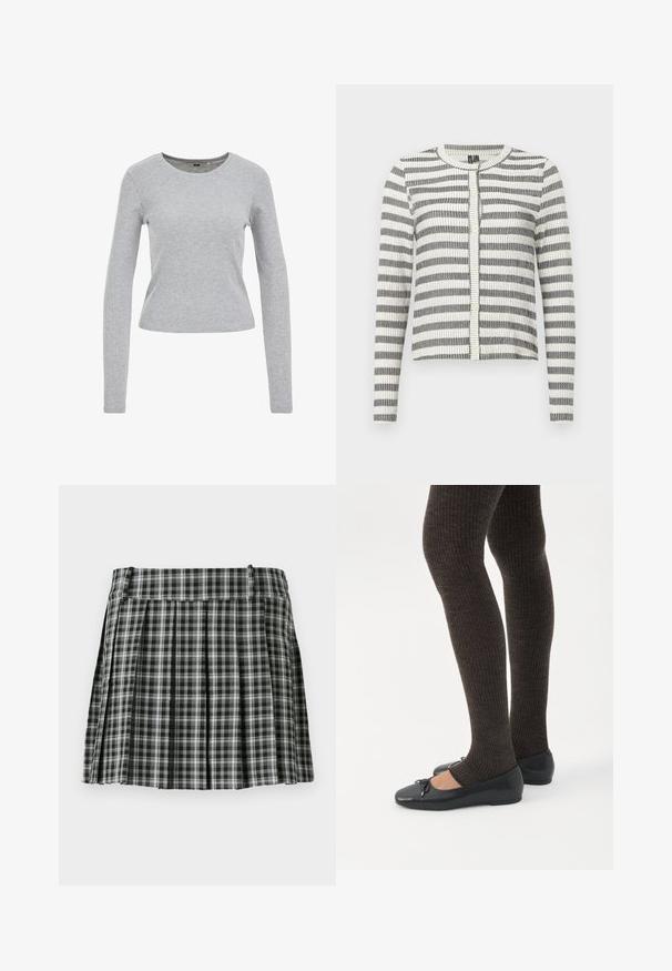 Gestreepte cardigan in zwart en wit, met een geribbelde textuur, ronde halslijn en knoopsluiting aan de voorkant. Kortere lengte ontwerp.; Grijze langwerpige shirt met lange mouwen, gemaakt van een gestructureerde katoenen mix, met een ronde halslijn en een aangesloten pasvorm. Geen zichtbare patronen of versieringen.; Zwart-wit geruite geplisseerde rok met een gladde tailleband en meerdere verticale plooien. Gemaakt van lichte stof.; Benen met donkere geribbelde leggings gecombineerd met zwarte ballerina's met kleine strikdetails op een witte achtergrond.