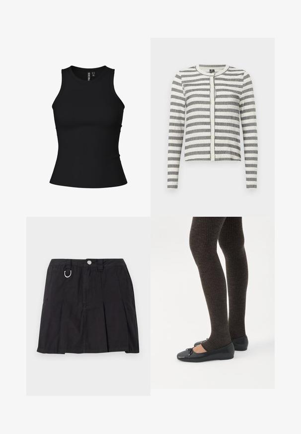 Cardigan rayé en noir et blanc, avec une texture côtelée, un col rond et une fermeture à boutons sur le devant. Design à longueur plus courte.; Débardeur en noir côtelé avec une coupe ajustée, un col rond et sans manches. Fabriqué à partir d'un matériau extensible pour plus de confort.; Jupe plissée noire en coton, avec une fermeture à boutons sur le devant, des passants de ceinture et un accent en D-ring sur la taille.; Jambes portant des leggings côtelés foncés associés à des ballerines noires avec de petits détails en nœud sur fond blanc.