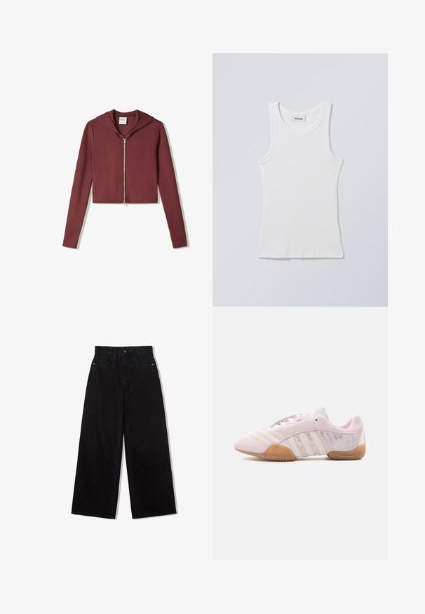 Bershka HOODIE - Sweatjakke - dark red; Hvid bomulds tanktop med rund halsudskæring og brede skulderstropper. Har ribstrikket tekstur og lige kant forneden. Mærke vist ved halsudskæringen.; Sorte, vidde jeans lavet af denim med høj talje, med en fem-lomme design og en enkelt knaplukning foran.; Lyserød ruskindssneaker med hvide striber, gummisål og teksturerede sidestykker, vist fra indersiden på en hvid baggrund.