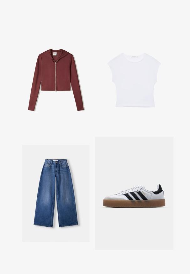 Bershka HOODIE - Sweatjakke - dark red; Hvid kortærmet cropped T-shirt med rund halsudskæring, lavet af glat stof, lagt fladt på en hvid baggrund.; Bredbenet blå denimjeans med forlommer, bæltestropper og knaplukning, lagt fladt på en lys baggrund.; Hvide lædersneakers med sorte striber, gummirubber sål, rund tå, snørelukning og blød grå ruskinds tåhætte.