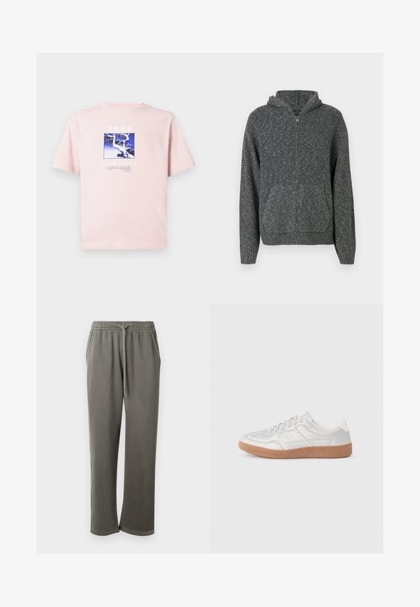 Grijze gebreide hoodie met een ritssluiting aan de voorkant, geribbelde textuur, twee voorzakken en een capuchon. Beschikt over een casual, ontspannen pasvorm met zichtbare stiksels.; Lichtroze t-shirt met blauwe en witte grafiek van een besneeuwde boom en kraanvogels, met de tekst "HOKUSAI" en details van de kunstenaar eronder.; Grijze katoenen sweatpants met een elastische tailleband en trekkoord, met zijzakken en een ontspannen pasvorm langs de benen.; Zilveren sneakers met een gladde textuur, vetersluiting, geperforeerde accenten en een gestructureerde bruine rubberen zool.