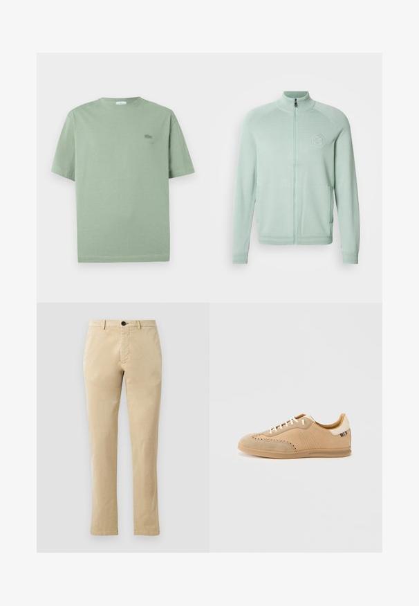 Chaqueta con cremallera de color verde claro hecha de tela suave, con un cuello alto, bolsillos laterales y un logo circular en el pecho izquierdo.; Camiseta corta de manga en verde claro, hecha de algodón, con un pequeño logo bordado en el pecho y cuello redondo.; Chinos de algodón beige con un diseño de pierna recta, con cierre frontal de botón y sutiles detalles de costura. Textura suave y sin patrones.; Zapatilla deportiva de ante beige con detalles perforados, cordones crema y suela texturizada color marrón claro, con un acento de contraste de color en el talón.