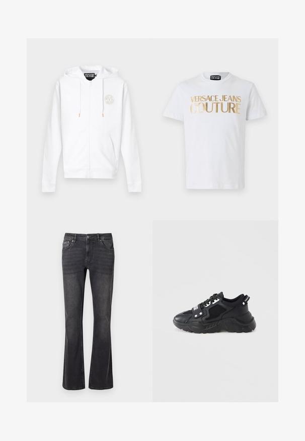 Sudadera blanca con cremallera, capucha y cordones, con un pequeño logo circular de Versace Jeans Couture en el lado izquierdo del pecho.; Camiseta de algodón blanca con llamativos letreros en dorado que dicen "VERSACE JEANS COUTURE" en la parte frontal. Cuello redondo y mangas cortas.; Jeans de mezclilla negra con diseño acampanado, cinco bolsillos y cierre de botón metálico. La tela tiene una textura suave con un ligero desgaste.; Zapatilla negra con suela gruesa, con paneles de malla y detalles de cuero. Incluye cordones blancos y marca en el lateral.