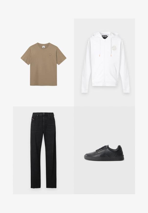 Biela mikina na zips s kapucňou a šnúrkami, s malým kruhovým logom Versace Jeans Couture na ľavej strane hrudníka.; Krátky rukáv tričko s crewneck výstrihom v tan farbe, na ľavej strane hrudníka so malým okrúhlym nášivkom s bielym písmenom "W".; Čierne rifľové nohavice s rovno strihaným dizajnom, prednými vreckami a červenou značkou na ľavom vrecku. Materiál má miernu textúru.; Čierne kožené tenisky s hladkým povrchom, zaoblenou špičkou, texturovanou bočnou časťou a čiernymi šnúrkami. Majú plochú gumovú podrážku a minimalistický dizajn.