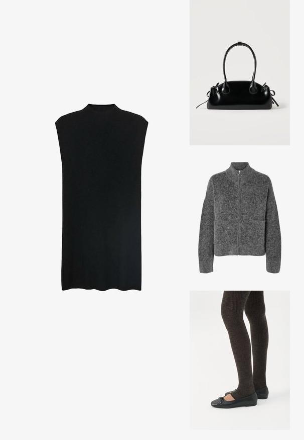 Chaqueta de lana peluda gris oscuro con mangas largas, cuello alto y cremallera frontal con tirador circular.; Túnica negra sin mangas con un cuello alto, tejido suave, corte holgado y una silueta recta. El dobladillo es ligeramente curvado en la parte inferior.; Piernas con leggings oscuros acanalados combinados con bailarinas negras que presentan pequeños detalles de lazo sobre un fondo blanco.; Pequeño bolso negro brillante con dos asas largas y detalles de cordón lateral sobre un fondo claro liso.