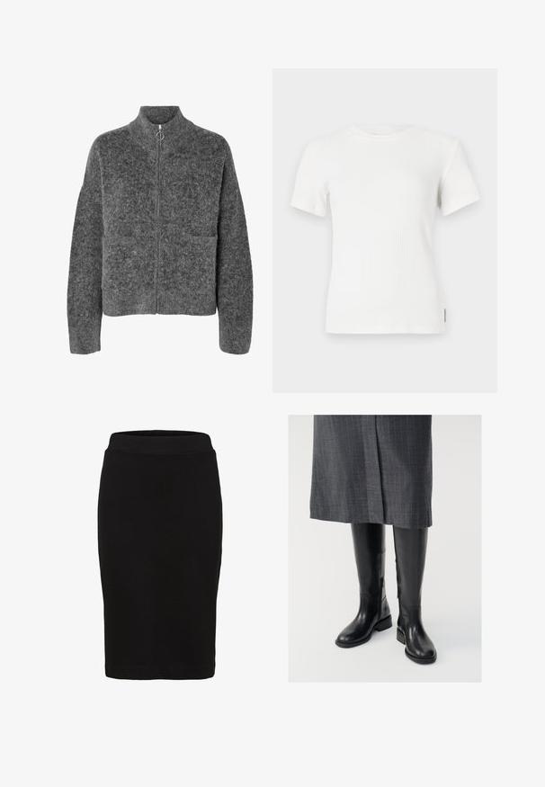 Dunkelgraue, flauschige Wolljacke mit langen Ärmeln, hohem Kragen und Frontreißverschluss mit rundem Zippergriff.; Weißes kurzärmliges T-Shirt mit geripptem Muster und rundem Ausschnitt. Weicher Stoff, taillierte Passform und minimale Nähdetails.; Schwarzer knielanger Bleistiftrock mit tailliertem Bund und glattem Stoff, vor weißem Hintergrund dargestellt.; Knielange schwarze Lederstiefel mit glatter Textur, seitlichen Reißverschlüssen und flacher Sohle. Die Stiefel haben einen strukturierten Schaft und minimales Zubehör.