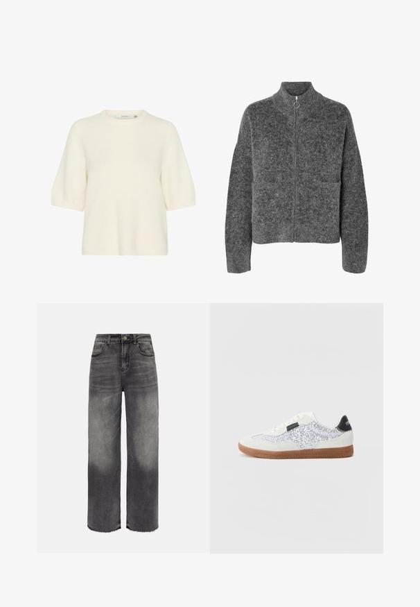 Mørkegrå, fuzzy uldjakke med lange ærmer, høj krave og frontlynlås med en rund trækflig.; Kortærmet sweater med rund hals lavet af blødt, fluffy materiale i off-white. Har en afslappet pasform med ribbede cuffs og kant.; Sorte denimjeans med straight fit, høj talje, frontknapper og lynlås, lommer foran og bagpå samt rå kantdetaljer.; Hvide sneakers med glitrende detaljer på siderne, i ruskindsmateriale, cremede snørebånd og brun gummisål; sort hældetalje med branding.