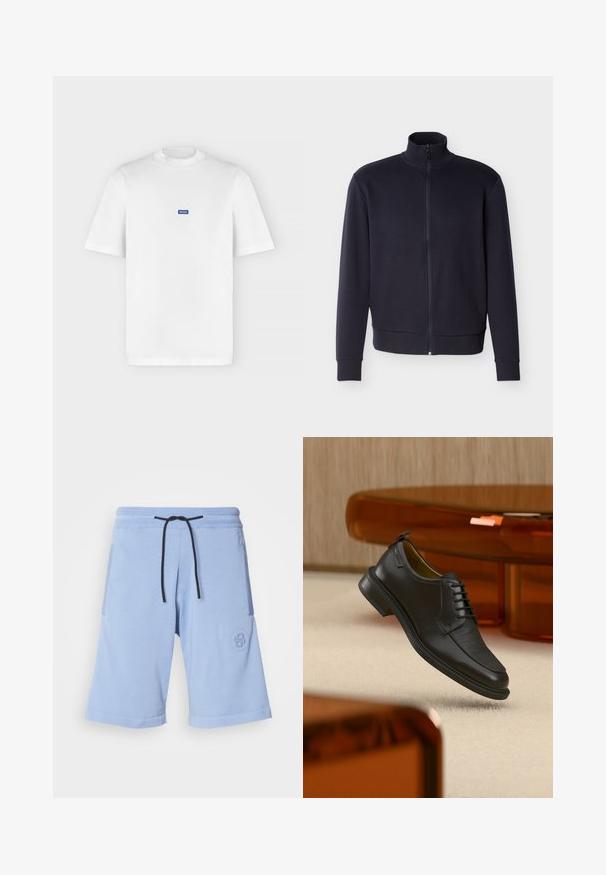 Marineblaue Jacke mit durchgehendem Reißverschluss, geripptem Kragen, Bündchen und Saum, mit einem kleinen geprägten Logo auf der linken Brust.; Weißes T-Shirt mit kurzen Ärmeln und Rundhalsausschnitt mit einem kleinen blauen rechteckigen "HUGO" Logo, das auf der Brust zentriert ist.; Helle blaue Shorts aus einem weichen Stoff. Verfügt über einen elastischen Bund mit einem schwarzen Kordelzug und einem Logo-Akzent an der Seitentasche.; Schwarzer Leder-Schnürschuh mit texturierter Vorderseite, schwebend über beigem Teppich in einem modernen Raum mit bernsteinfarbenen Möbeln.