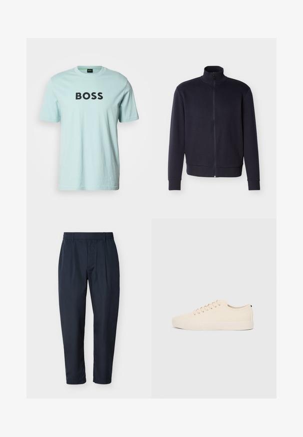 Veste zippée entièrement bleu marine avec col, poignets et ourlet côtelés, arborant un petit logo embossé sur le côté gauche de la poitrine.; T-shirt en coton bleu clair avec un col rond et des manches courtes. Porte le mot "BOSS" en lettres noires épaisses sur la poitrine.; Pantalon droit bleu marine avec passants pour ceinture et plis sur le devant, présenté sur un fond blanc.; Baskets en toile beige avec bout arrondi, semelle en caoutchouc plate et lacets à l'avant. Présente un design minimaliste et un accent noir contrastant au niveau du talon.