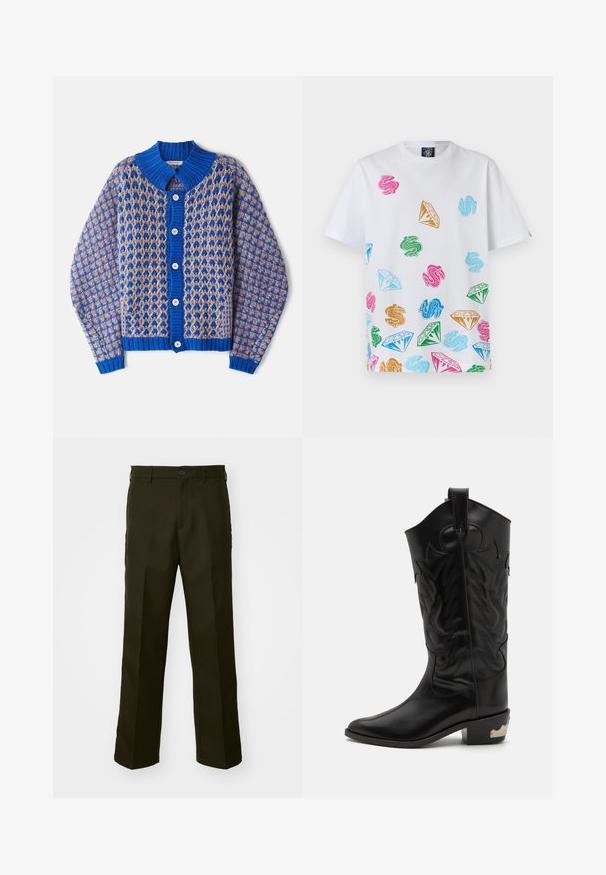 Henrik Vibskov KIMCHI CARDIGAN - Vest - blue party; Witte t-shirt met korte mouwen en kleurrijke dollartekens en diamanten vormen gedrukt over de voorkant en mouwen.; The Kooples PANTALON - Broek - kaki; Zwarte leren cowboylaars met ingewikkelde geëmbosseerde ontwerpen, spitse neus en een lage gestapelde hak met metalen accenten.
