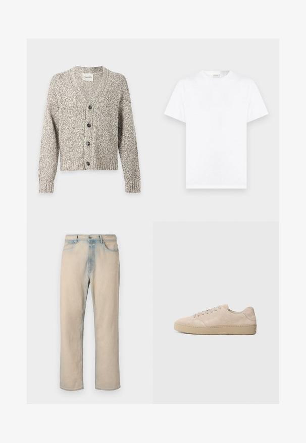 Grijs-witte gemêleerde gebreide cardigan met lange mouwen, V-hals, geribde boorden en zoom en vier zwarte knopen aan de voorkant.; Effen wit T-shirt met korte mouwen en ronde hals, getoond tegen een neutrale grijze achtergrond.; Licht beige denim jeans met een rechte pijpdesign, vervaagde blauwe accenten, vijf zakken en een knoopsluiting in de taille.; Beige suede sneaker met een ronde neus, platte veters en een gestructureerde rubberen zool. Minimalistisch ontwerp met gladde randen en subtiele stiksels.