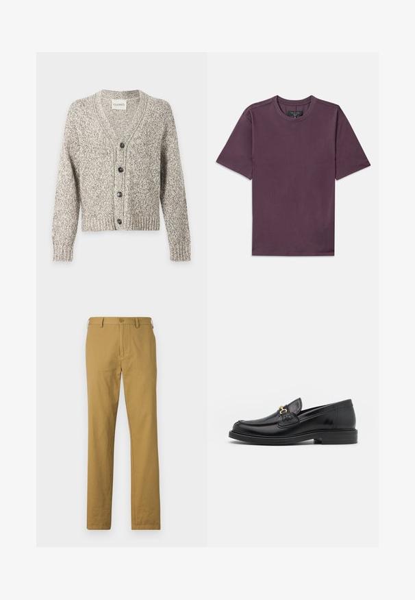 Grijs-witte gemêleerde gebreide cardigan met lange mouwen, V-hals, geribde boorden en zoom en vier zwarte knopen aan de voorkant.; Effen T-shirt met korte mouwen en ronde hals in donker mauve, met een zichtbaar merklabel dat in de kraag is genaaid.; Beige katoenen broeken met een rechte snit, voorzakken en een knoopsluiting. Gladde textuur en minimaal ontwerp, zonder zichtbare patronen.; Zwarte leren instappers met een ronde neus, voorzien van een gouden hardware accent en stikdetails, geplaatst op een lage, getextureerde rubberen zool.