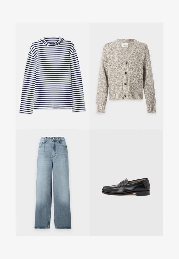 Sivo-biely melírovaný pletený kardigán s dlhými rukávmi, výstrihom do V, rebrovanými manžetami a lemom a štyrmi čiernymi gombíkmi vpredu.; CLOSED TURTLE NECK - Top s dlhým rukávom - dark night; Svetlomodré riflové nohavice s vysokým pásom a širokými nohavicami, s gombíkom a zipsom na zapínanie, prednými vreckami a pútkami na opasok na jednofarebnom pozadí.; Čierne kožené mokasíny s dizajnom v štýle mokasín, s ozdobným pásikom a šitím na vrchnej časti. Nízky blokový podpätok.