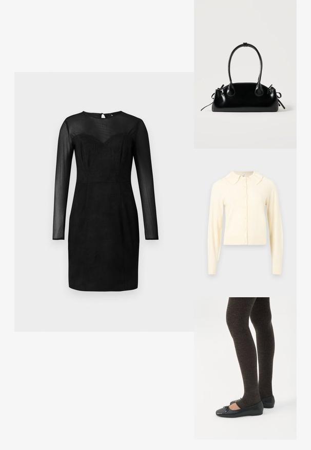 Cardigan à manches longues de couleur crème avec un devant boutonné et un petit col arrondi, présenté sur un fond uni.; Robe noire ajustée avec des manches longues transparentes et un décolleté cœur, un empiècement transparent, et une longueur au genou.; Jambes portant des leggings côtelés foncés associés à des ballerines noires avec de petits détails en nœud sur fond blanc.; Petit sac à main noir brillant avec deux longues anses et des détails à cordon sur les côtés sur un fond clair uni.