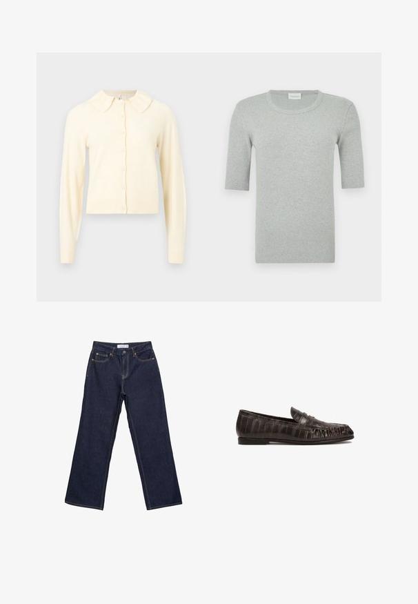 Cardigan à manches longues de couleur crème avec un devant boutonné et un petit col arrondi, présenté sur un fond uni.; T-shirt gris à manches courtes côtelées avec un col rond. Confectionné dans un tissu doux à la texture lisse, avec un branding minimal sur le côté.; Jean en denim bleu foncé à jambes larges avec poches avant, passants pour ceinture et fermeture à bouton.; Mocassins en cuir noir avec un motif texturé semblable à celui du crocodile, un bout arrondi et un petit talon plat. Bande décorative sur le dessus.