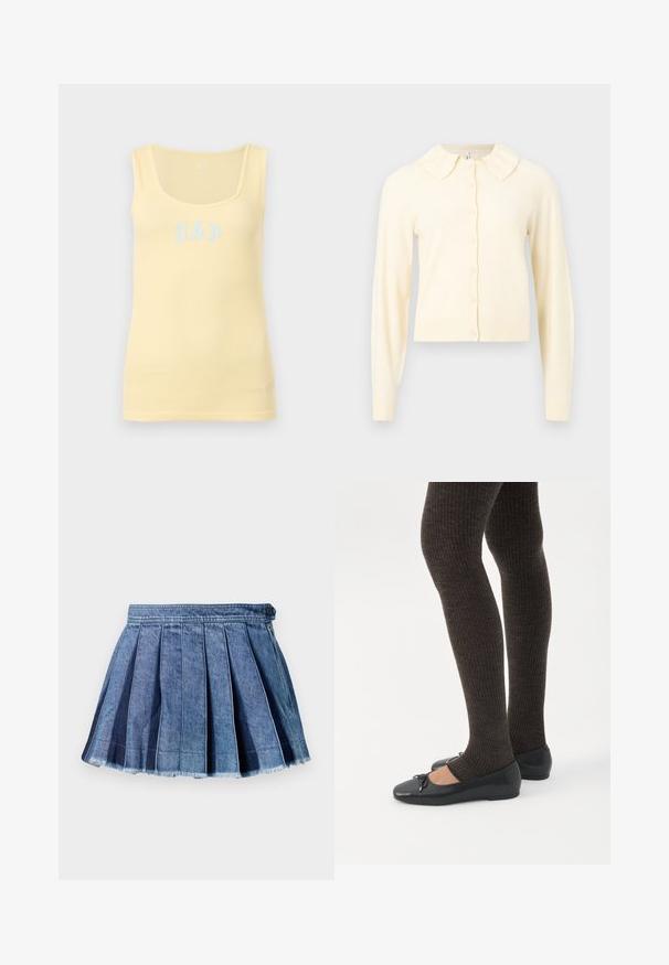 Cardigan à manches longues de couleur crème avec un devant boutonné et un petit col arrondi, présenté sur un fond uni.; Débardeur pâle jaune à fines côtes, sans manches, avec un col en U et un logo GAP bleu clair centré sur le devant.; Mini-jupe plissée en denim bleu avec une fermeture à bouton et une fermeture éclair sur le côté, comportant un détail d'ourlet effiloché.; Jambes portant des leggings côtelés foncés associés à des ballerines noires avec de petits détails en nœud sur fond blanc.