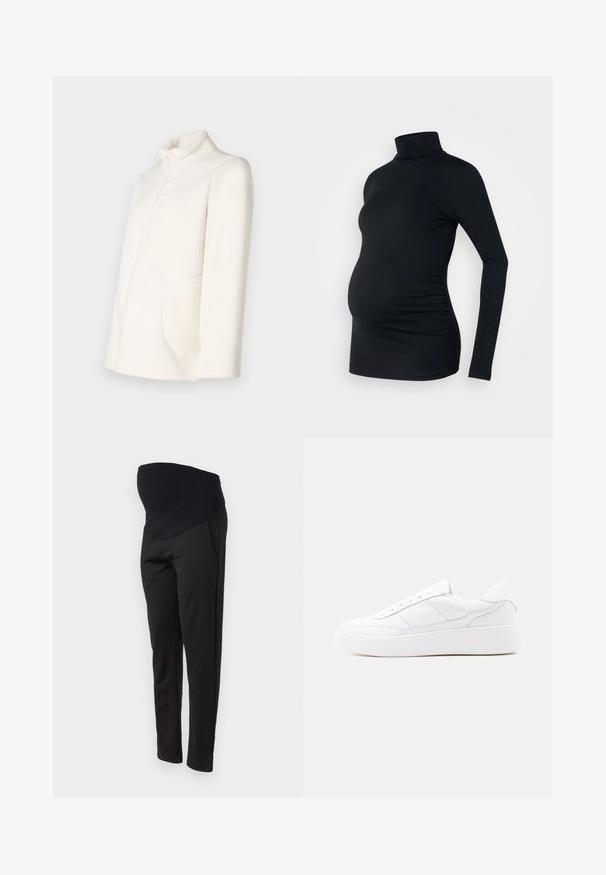 Hvid fleecetrøje med høj krave, lynlås og stor sidelomme. Blød tekstur og afslappet silhuet.; Sort langærmet turtleneck top i strækbart stof, designet til at rumme en gravid mave, med detaljeret side ruching.; ONLY MATERNITY OLMGISELEA - Bukser - black; Hvid lavtop-sneaker med tyk sål, snørelukning og diskrete syningsdetaljer på en ensfarvet lys baggrund.