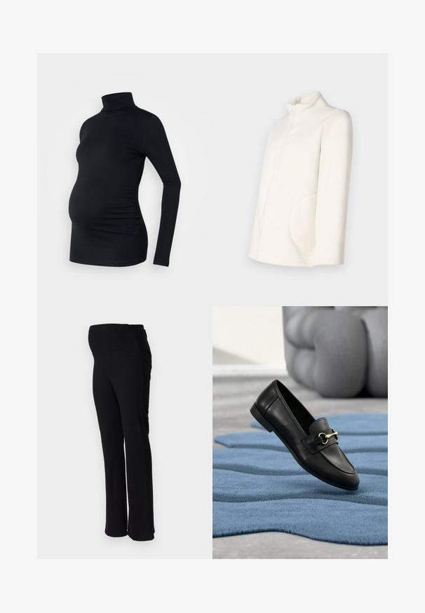 Hvid fleecetrøje med høj krave, lynlås og stor sidelomme. Blød tekstur og afslappet silhuet.; Sort langærmet turtleneck top i strækbart stof, designet til at rumme en gravid mave, med detaljeret side ruching.; ONLY MATERNITY OLMHALLE - Bukser - black; Sort læderloafer med guldfarvet metalsømdetalje hvilende på et tekstureret blåt tæppe, med en sløret grå sofa i baggrunden.