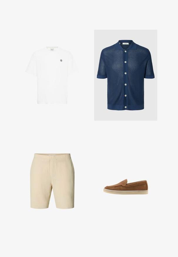 Camisa de punto azul marino de manga corta con botones, cuello y patrón de malla transparente en toda la tela.; Camiseta de manga corta blanca con un cuello redondo y un pequeño logo geométrico gris en el lado izquierdo del pecho. Fabricada en suave material de algodón.; Pantalones cortos de tela beige con textura, con cintura elástica y un diseño frontal simple y limpio.; Mocasín slip-on de ante marrón con suela de goma beige y detalle de costura minimalista, mostrado de lado sobre un fondo blanco.