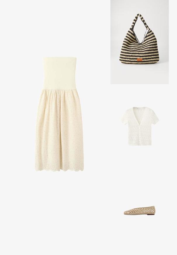 Cardigan en maille blanc à manches courtes avec col en V et ouverture boutonnée sur le devant, présentant un motif ajouré délicat.; Robe midi crème sans bretelles avec corsage ajusté, taille froncée, broderie ajourée et ourlet festonné.; Chaussure plate beige avec un design en maille ouverte tissée et un petit talon, montrée de profil sur fond blanc.; Sac tissé rayé en noir et beige, avec un design décontracté, une surface texturée et une petite pièce en cuir en accent.