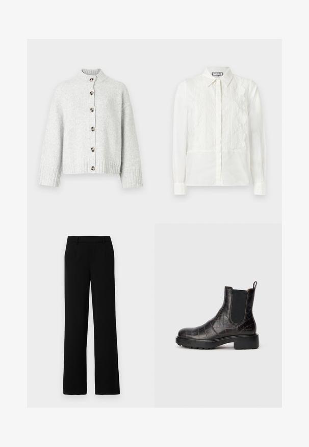 Cardigan gris clair en maille avec col montant, fermeture à boutons sur le devant, poignets et ourlet côtelés, avec des boutons ronds marron.; Blouse blanche à manches longues avec panneaux avant en dentelle, bords festonnés, fermeture à boutons et col pointu, présentée sur un fond uni.; Pantalons larges noirs en tissu lisse, avec une taille plate, deux poches latérales et une ceinture ajustée pour un look raffiné.; Bottines Chelsea en cuir marron avec texture croco, panneaux latéraux élastiques, bout rond, semelle noire robuste et logo sur le talon.