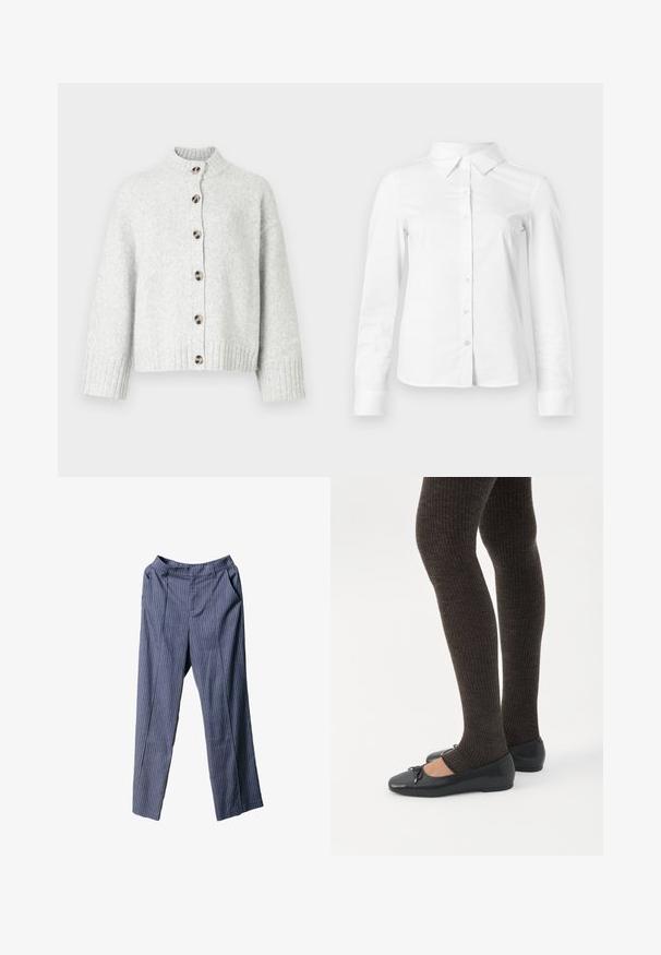 Lysegrå strikket cardigan med høj krave, knaplukning foran, ribstrikkede manchetter og kant samt runde brune knapper.; Hvid skjorte med lange ærmer, knapper, spids krave, lige kant og tætsiddende silhuet, vist på en ensartet lys baggrund.; Navyblå stribede bukser med afslappet pasform, elastisk talje, sidelommer og glat, let stof.; Ben iført mørke ribbede leggings kombineret med sorte balletsko med små sløjfedetaljer på hvid baggrund.