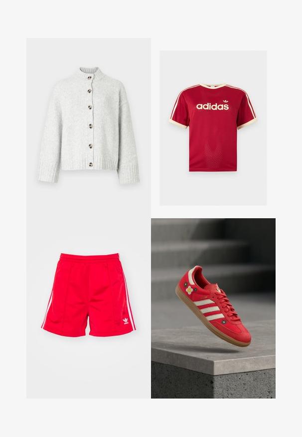 Lysegrå strikket cardigan med høj krave, knaplukning foran, ribstrikkede manchetter og kant samt runde brune knapper.; Rød Adidas mesh t-shirt med beige kant på krave, ærmer og de tre striber på skuldrene, med Adidas-logo og tekst på fronten.; Røde sports shorts med elastisk talje, der har hvide sideløbninger og et broderet logo nederst til venstre. Glat tekstur.; Rød sportssko med hvide striber, blomsterbroderi og gummisål. Glat stof med ruskindsdetaljer. Model: Samba.