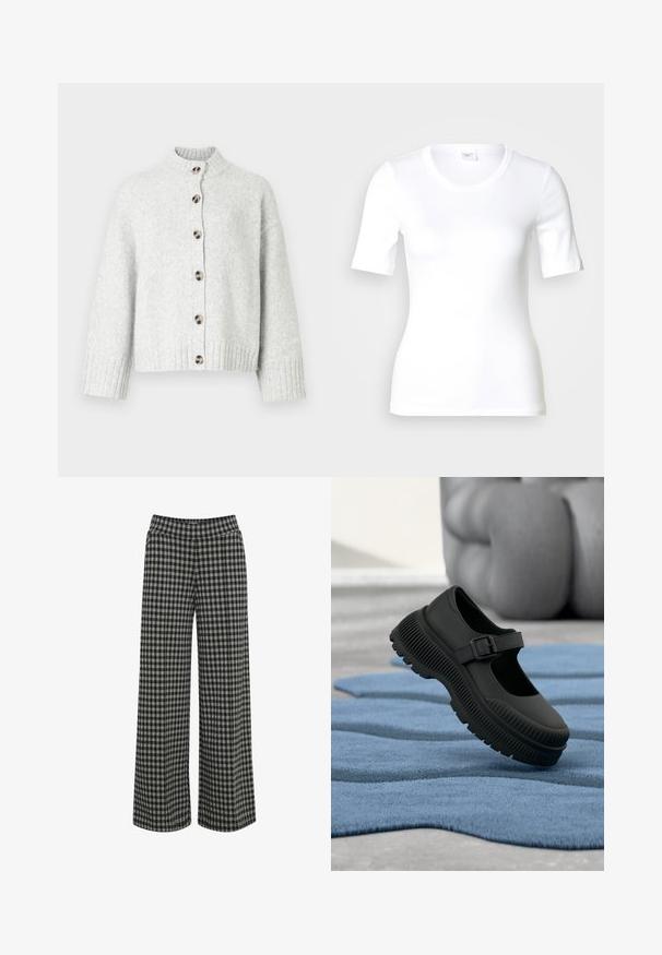 Lichtgrijze gebreide cardigan met een hoge kraag, knoopsluiting aan de voorkant, geribbelde manchetten en zoom, met ronde bruine knopen.; Wit T-shirt met korte mouwen van glad katoen, met een ronde halslijn en een aangesloten pasvorm. Klassiek ontwerp, zonder patronen of accenten.; ICHI IHKATE - Broek - vetiver; Zwarte Mary Jane-stijl schoen met dikke geribbelde zool en gesp, rustend op een gestructureerd blauwe tapijt met wazige achtergrond.