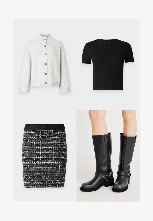 Cardigan gris clair en maille avec col montant, fermeture à boutons sur le devant, poignets et ourlet côtelés, avec des boutons ronds marron.; T-shirt noir ajusté à manches courtes, texture côtelée et col rond. Design simple, sans logo ni ornement visible.; Jupe à carreaux noir et blanc en tissu texturé, avec une taille noire et une silhouette cintrée.; Bottes en cuir noir à hauteur de genou avec une tige large, des détails à lanière, une quincaillerie en argent et une semelle plate. Texture lisse avec un léger éclat.