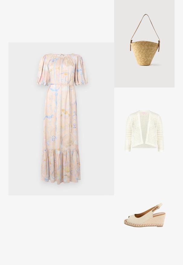 Hvid åben strikket cardigan med trekvartærmer og et firkantet hulmønster over det hele.; Maxikjole i blødt stof med puffærmer, en sammensamlet halsudskæring, pastelfarvede blomsterprint og en bølget kant. Med bånd langs taljen.; Beige stof kilehøj sandal med åben tå, vævet jutehæl og justerbar ankelrem med guldspænde.; Flettet stråtaske med bred bund, smal top og justerbar brun læder skulderrem.