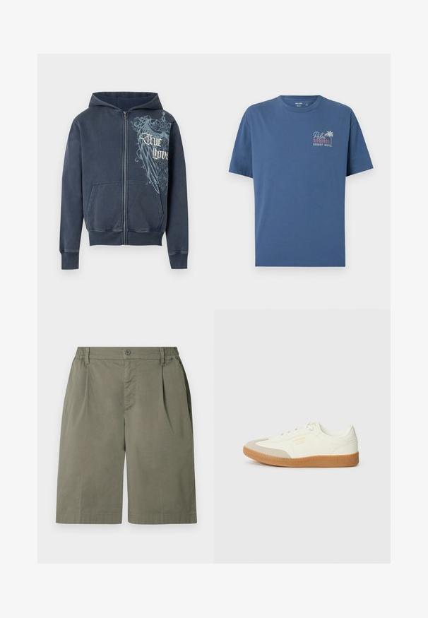 Sweat à capuche zippé bleu marine avec poches avant, une capuche, et un motif d'aigle bleu clair avec le texte « True Love » sur la poitrine droite.; T-shirt bleu à manches courtes avec le texte "Palm Springs Desert Motel" et un graphisme de palmier sur le côté gauche de la poitrine.; Shorts olive verts arrivant au genou, avec taille élastique, fermeture à bouton et à zip, poches latérales et passants de ceinture.; Baskets en cuir blanc avec une coque beige et une semelle en caoutchouc marron clair. Dotées de lacets blancs plats et d'un logo embossé sur le côté.