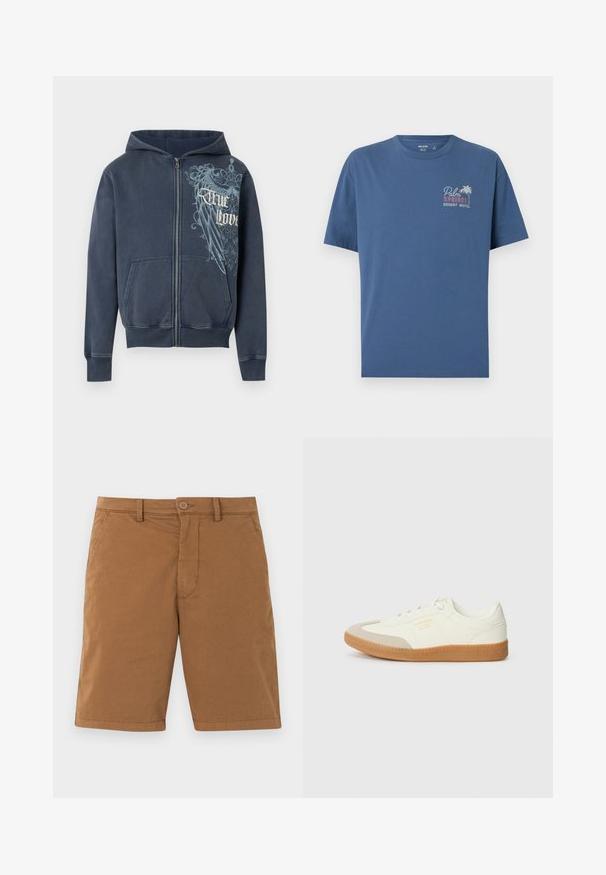 Sweat à capuche zippé bleu marine avec poches avant, une capuche, et un motif d'aigle bleu clair avec le texte « True Love » sur la poitrine droite.; T-shirt bleu à manches courtes avec le texte "Palm Springs Desert Motel" et un graphisme de palmier sur le côté gauche de la poitrine.; Shorts décontractés en coton marron avec passants de ceinture, poches latérales, fermeture par boutons et braguette zippée sur fond clair.; Baskets en cuir blanc avec une coque beige et une semelle en caoutchouc marron clair. Dotées de lacets blancs plats et d'un logo embossé sur le côté.