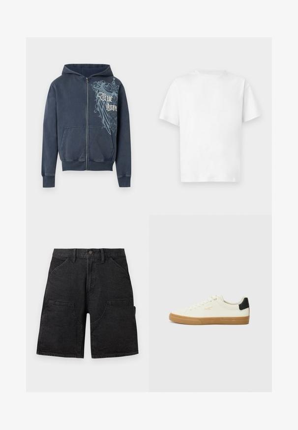 Sweat à capuche zippé bleu marine avec poches avant, une capuche, et un motif d'aigle bleu clair avec le texte « True Love » sur la poitrine droite.; T-shirt blanc uni à manches courtes en coton avec col rond, présenté à plat sur un fond neutre.; Short en jean noir longueur genou avec poches devant et sur les côtés, fermeture par boutons, et passants pour ceinture.; Sneaker en toile blanche avec une semelle en gomme, accent au talon noir, bout rond et design à lacets. Présente le logo de la marque en doré sur le côté.