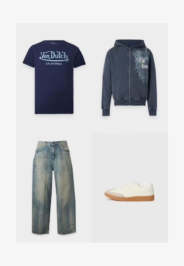 Sweat à capuche zippé bleu marine avec poches avant, une capuche, et un motif d'aigle bleu clair avec le texte « True Love » sur la poitrine droite.; T-shirt bleu marine à manches courtes avec logo "Von Dutch" bleu clair et texte "California" sur le devant.; Jeans en denim bleu délavé avec une coupe droite et de légers détails usés sur les poches avant et les jambes.; Baskets en cuir blanc avec une coque beige et une semelle en caoutchouc marron clair. Dotées de lacets blancs plats et d'un logo embossé sur le côté.