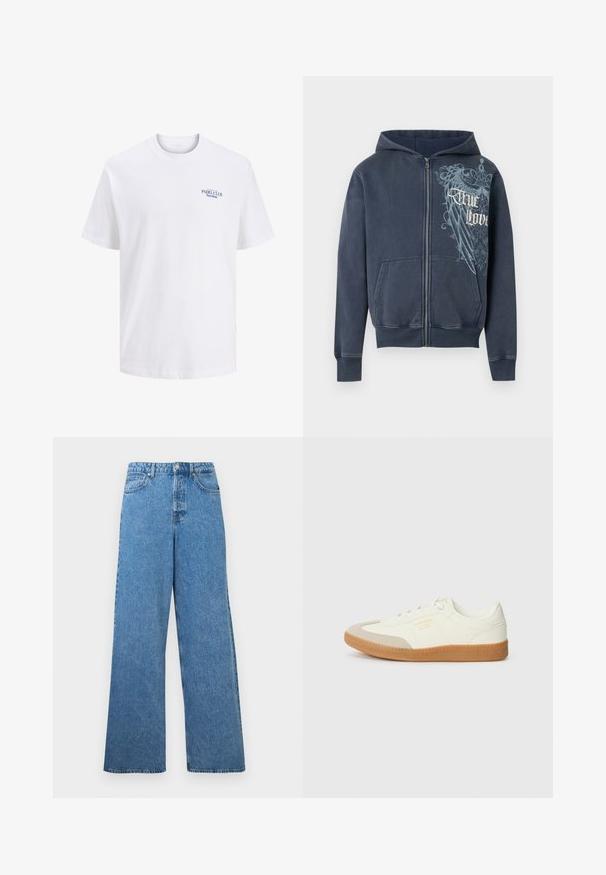 Navyblå hættetrøje med lynlås, forlommer, hætte og en lyseblå ørnegrafik med teksten "True Love" på højre bryst.; Hvid bomulds t-shirt med rund hals, der har et lille blåt trykt logo på brystet med teksten "PADEL CLUB Barcelona." Korte ærmer.; Blå højhalset vidbenede denimjeans med forreste knap, lynlås, bæltestropper samt for- og baglommer.; Sneaker lavet af hvid læder med en beige tåhætte og let brunt gummisål. Har flade hvide snørebånd og prægede branding på siden.