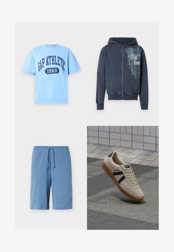 Sweat à capuche zippé bleu marine avec poches avant, une capuche, et un motif d'aigle bleu clair avec le texte « True Love » sur la poitrine droite.; T-shirt bleu clair à manches courtes et col rond avec le texte bleu marine "GAP ATHLETIC" et "1969" imprimé à l'avant.; Short en coton bleu avec cordon de serrage, taille élastique et logo embossé sur la partie inférieure de la jambe gauche.; Baskets beiges avec une finition texturée, bandes navy et semelle en caoutchouc. Équipées d'une languette rembourrée et d'un système de laçage traditionnel pour un maintien sécurisé.