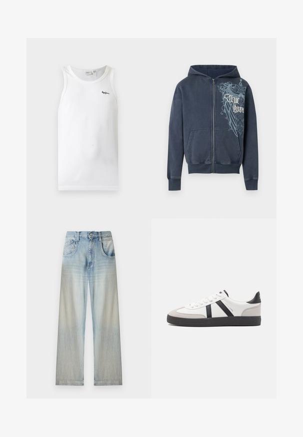 Sweat à capuche zippé bleu marine avec poches avant, une capuche, et un motif d'aigle bleu clair avec le texte « True Love » sur la poitrine droite.; Débardeur blanc côtelé sans manches avec encolure arrondie et petit logo noir brodé sur la poitrine gauche.; Jean denim bleu clair à jambes larges avec poches avant, fermeture par bouton et décoloration aux cuisses et aux bas des jambes.; Baskets blanches avec des accents noirs et gris, présentant un embout texturé gris, une semelle en caoutchouc noir et des lacets plats blancs. Design épuré, style minimaliste.